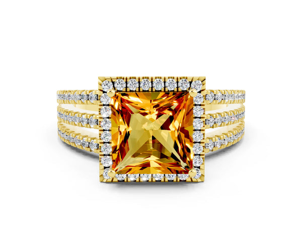 Yellow gold Princess Cut Citrine Halo Engagement Ring with Split Shank and Four-Prong Setting