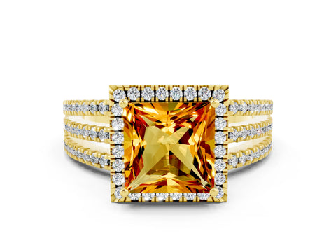 Yellow gold {shape_name} Citrine Halo Engagement Ring with Split Shank and Four-Prong Setting