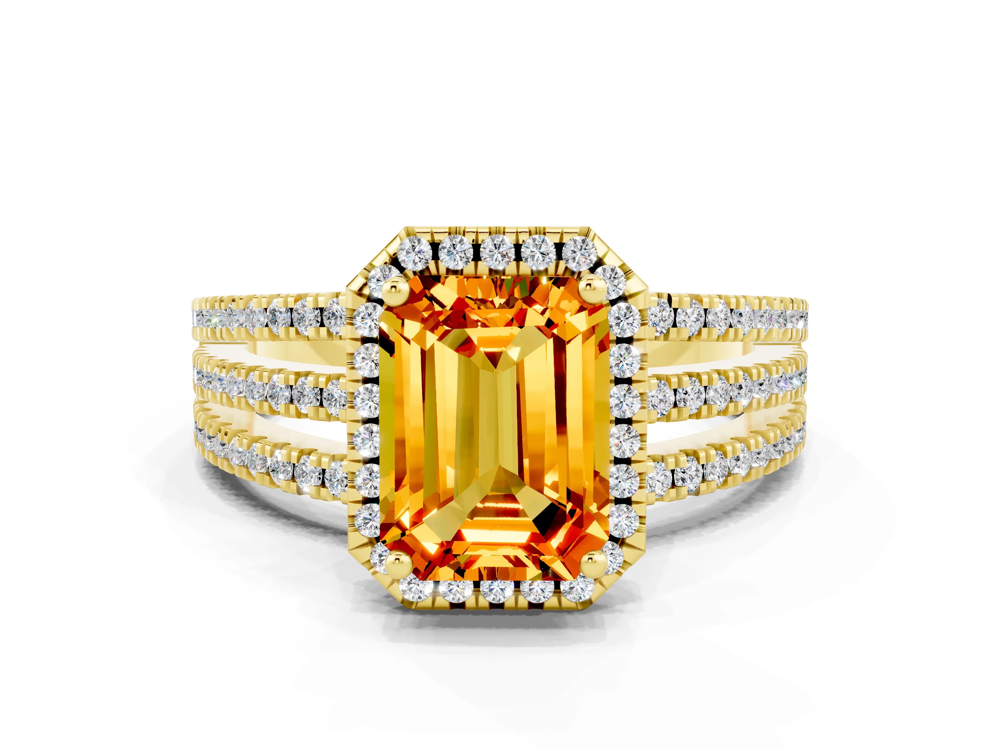 Yellow gold {shape_name} Citrine Halo Engagement Ring with Split Shank and Four-Prong Setting