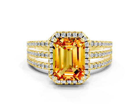 Yellow gold {shape_name} Citrine Halo Engagement Ring with Split Shank and Four-Prong Setting