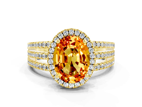 Yellow gold Oval Cut Citrine Halo Engagement Ring with Split Shank and Four-Prong Setting