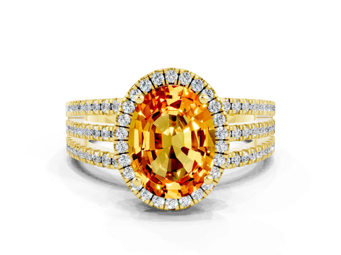 Yellow gold {shape_name} Citrine Halo Engagement Ring with Split Shank and Four-Prong Setting