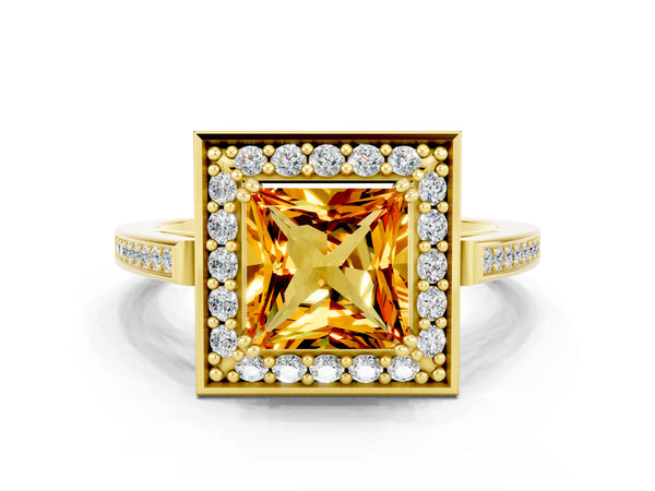 Yellow gold Princess Cut Citrine Halo Ring with Split Shank and Four-Prong Setting