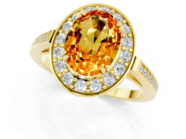 Yellow gold Oval Cut Citrine Halo Ring with Split Shank and Four-Prong Setting