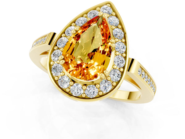 Yellow gold Pear Cut Citrine Halo Ring with Split Shank and Four-Prong Setting