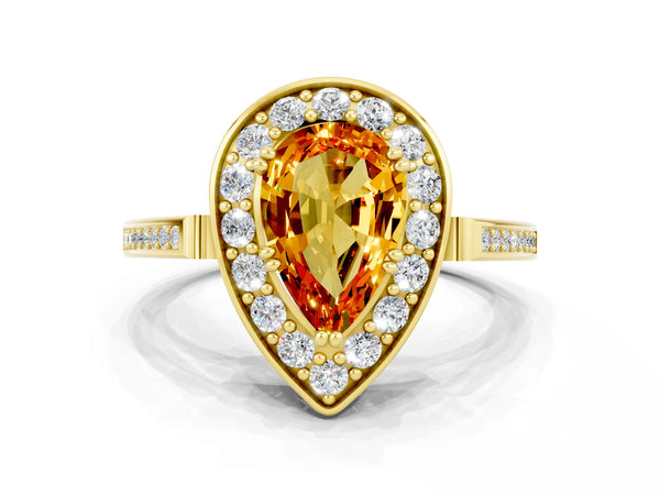 Yellow gold Pear Cut Citrine Halo Ring with Split Shank and Four-Prong Setting