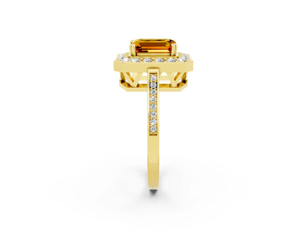 Yellow gold Emerald Cut Citrine Halo Ring with Split Shank and Four-Prong Setting