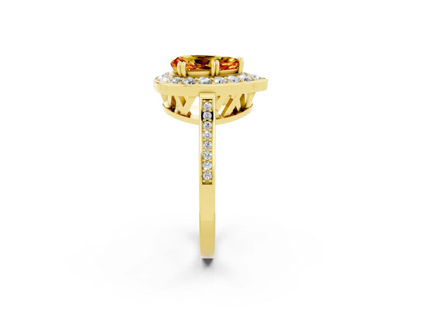 Yellow gold Pear Cut Citrine Halo Ring with Split Shank and Four-Prong Setting