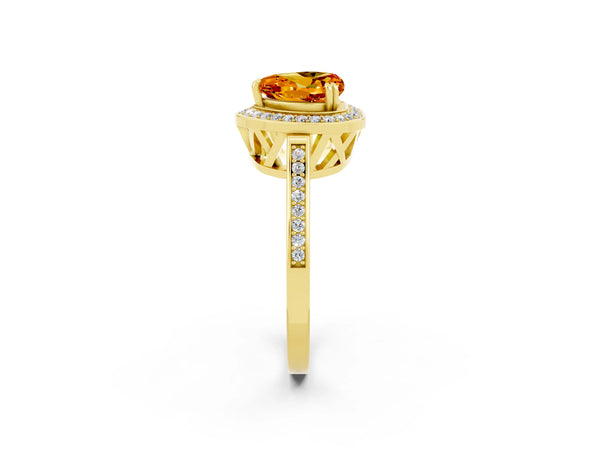 Yellow gold Heart Cut Citrine Halo Ring with Split Shank and Four-Prong Setting