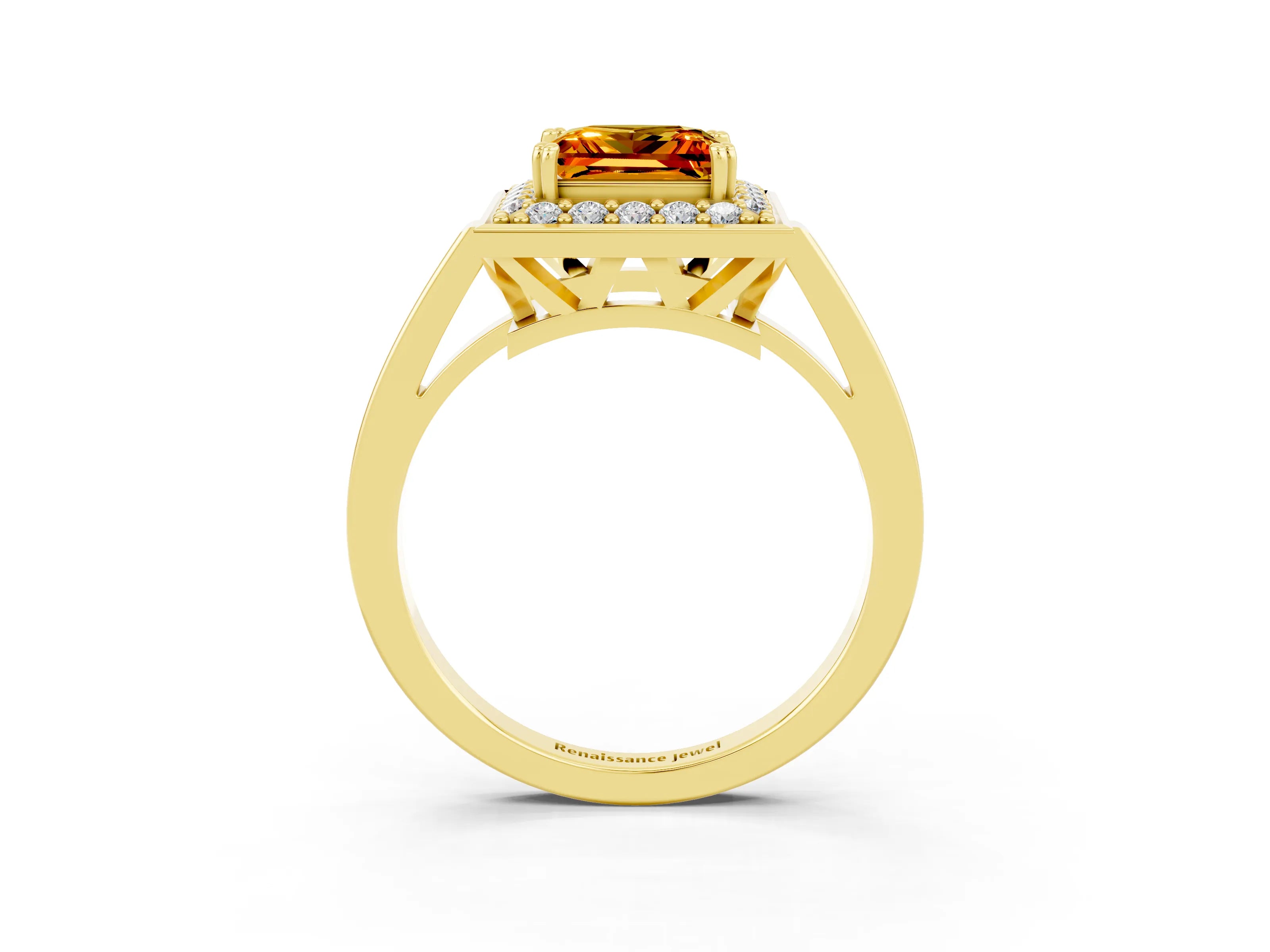 Yellow gold {shape_name} Citrine Halo Ring with Split Shank and Four-Prong Setting_3