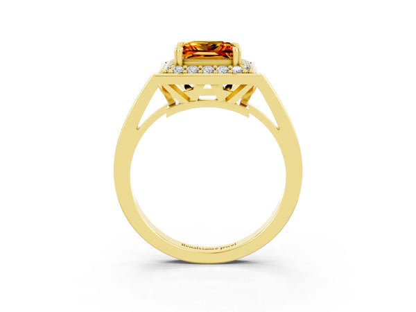 Yellow gold Princess Cut Citrine Halo Ring with Split Shank and Four-Prong Setting