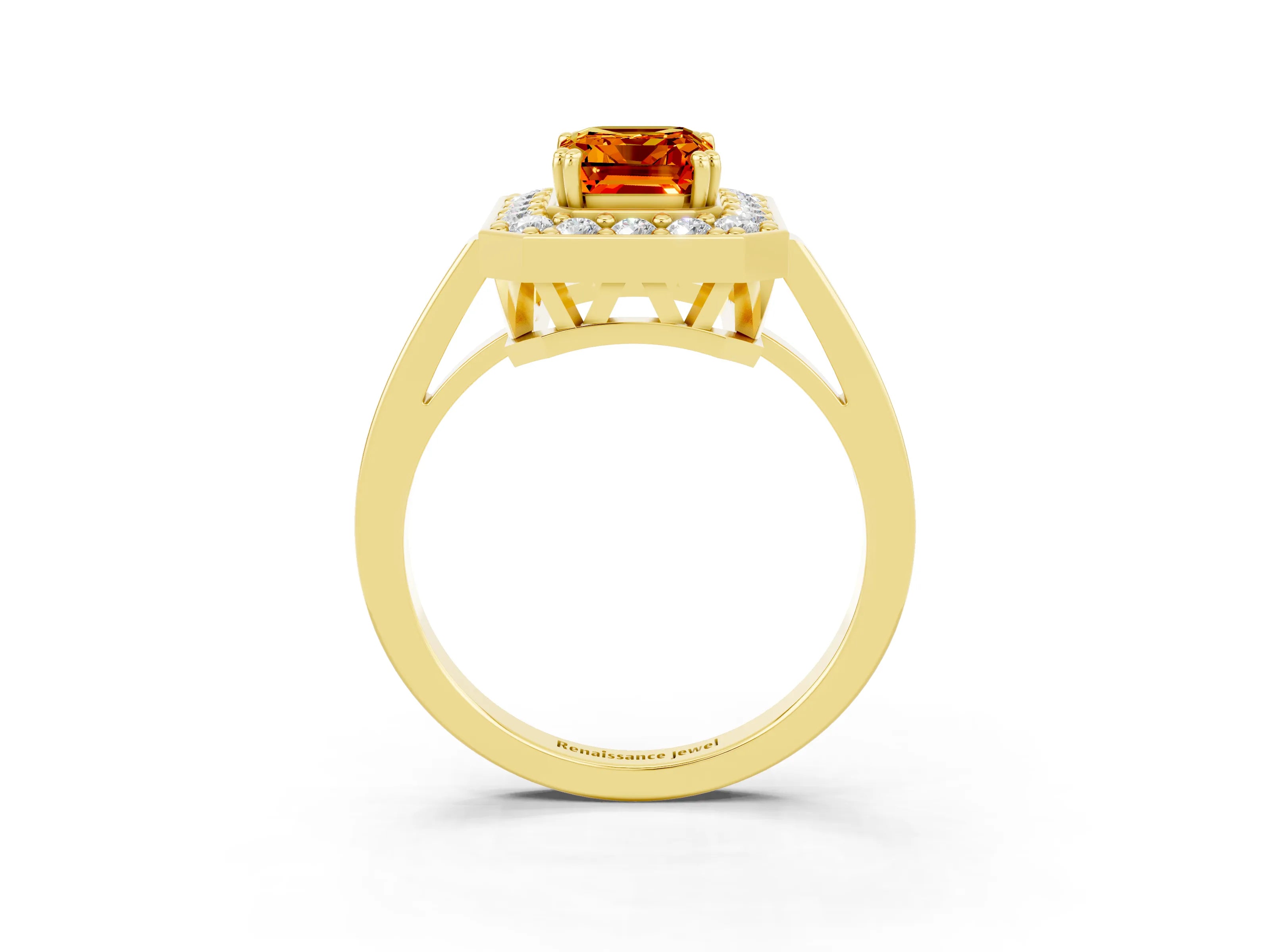 Yellow gold {shape_name} Citrine Halo Ring with Split Shank and Four-Prong Setting_3