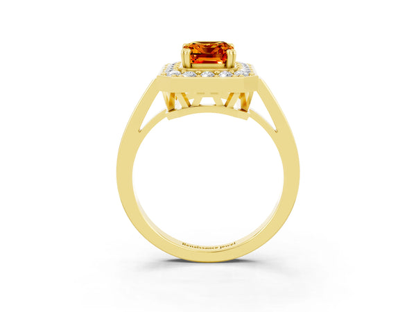 Yellow gold Emerald Cut Citrine Halo Ring with Split Shank and Four-Prong Setting