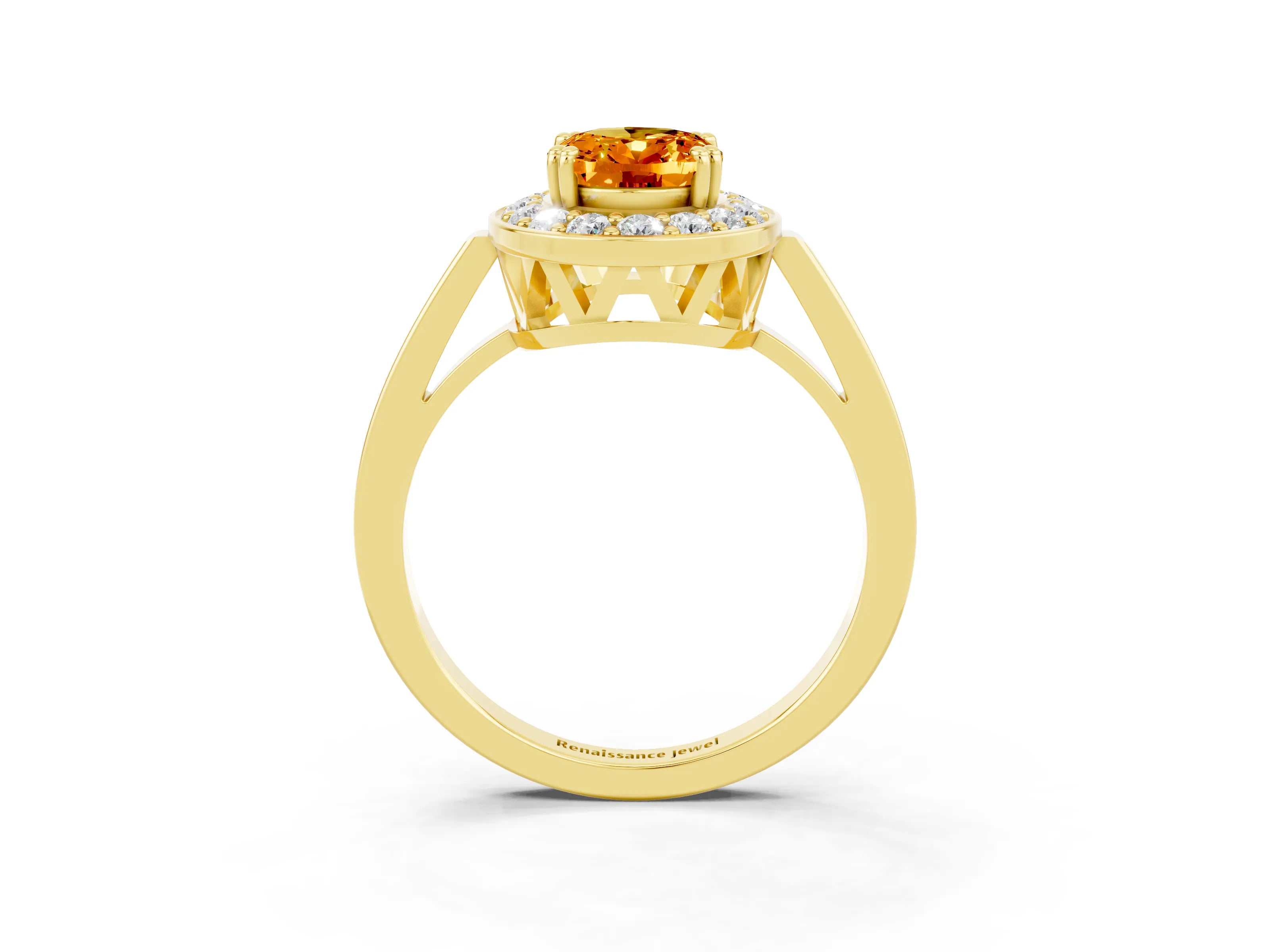 Yellow gold {shape_name} Citrine Halo Ring with Split Shank and Four-Prong Setting_3