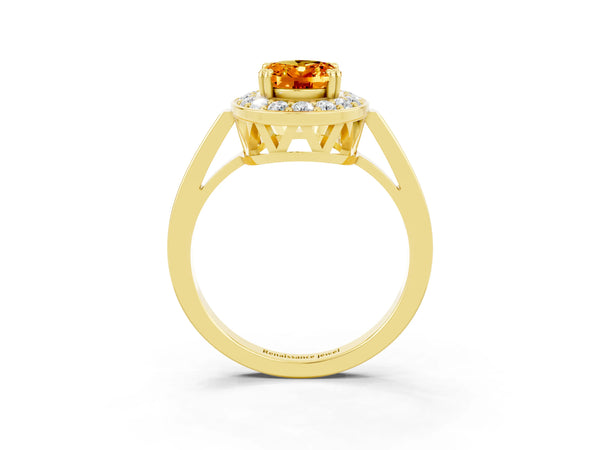 Yellow gold Oval Cut Citrine Halo Ring with Split Shank and Four-Prong Setting