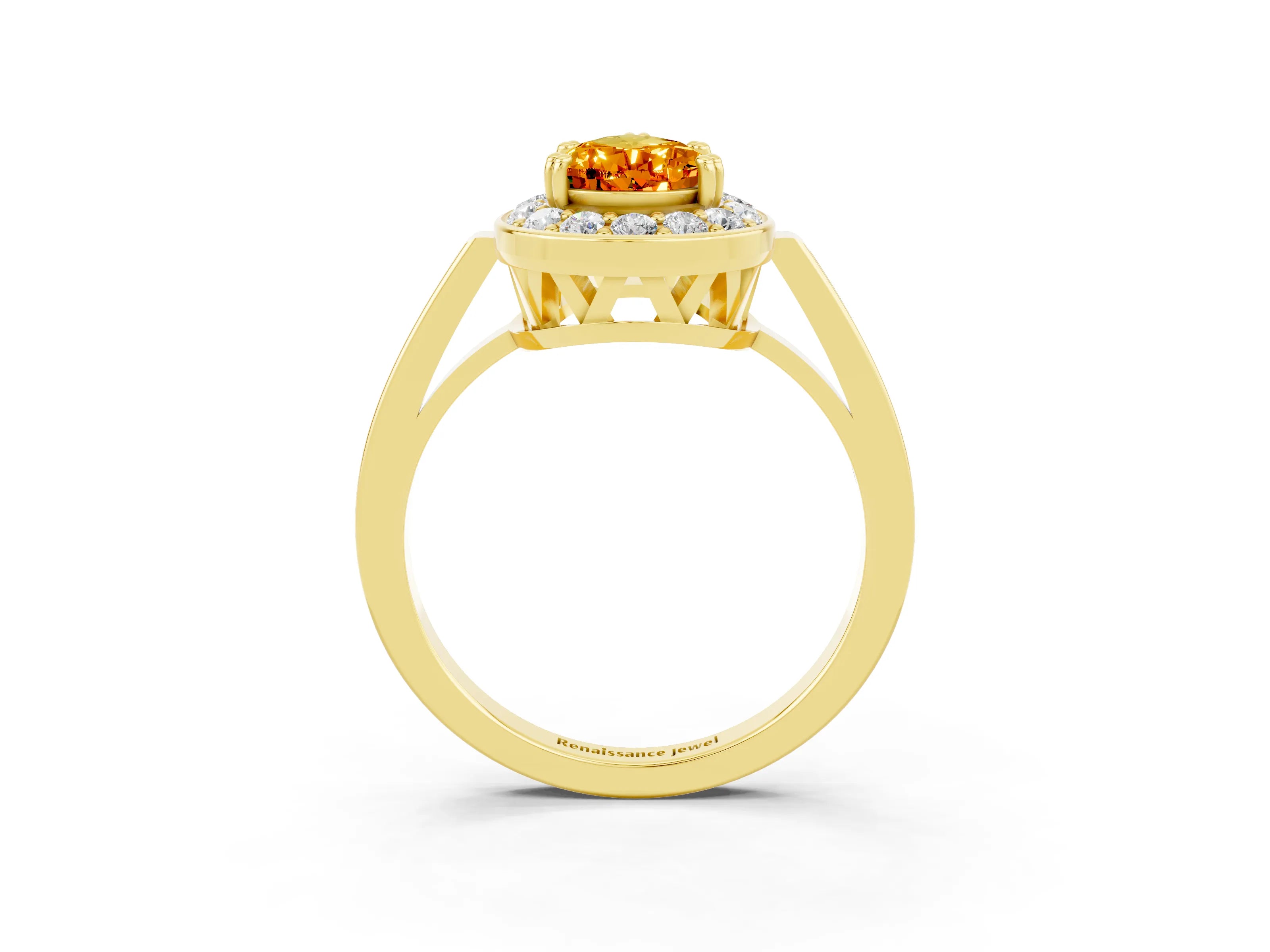 Yellow gold {shape_name} Citrine Halo Ring with Split Shank and Four-Prong Setting_3