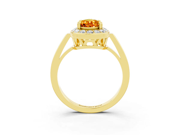 Yellow gold Pear Cut Citrine Halo Ring with Split Shank and Four-Prong Setting
