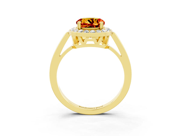 Yellow gold Round Cut Citrine Halo Ring with Split Shank and Four-Prong Setting