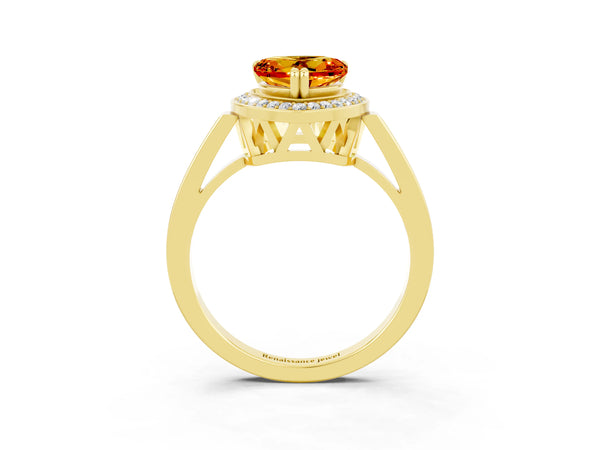 Yellow gold Heart Cut Citrine Halo Ring with Split Shank and Four-Prong Setting