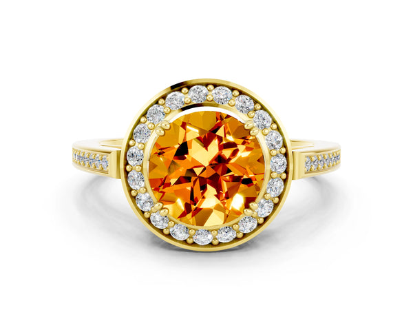 Yellow gold Round Cut Citrine Halo Ring with Split Shank and Four-Prong Setting