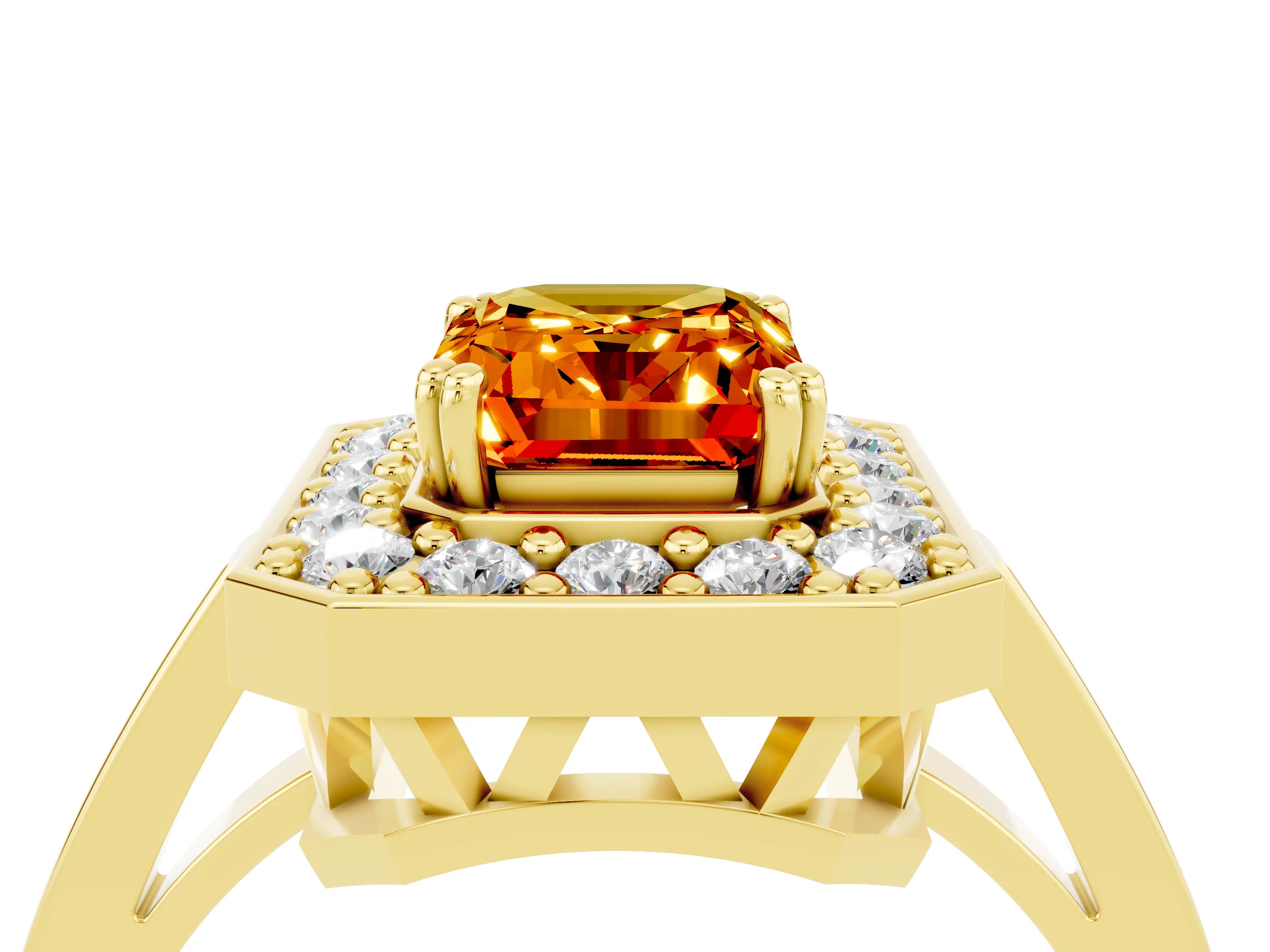 Yellow gold {shape_name} Citrine Halo Ring with Split Shank and Four-Prong Setting_4
