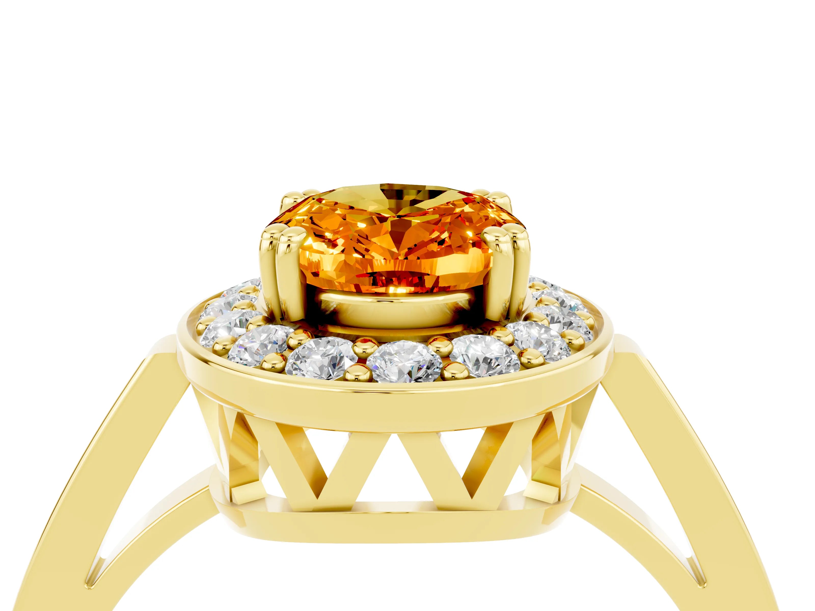 Yellow gold {shape_name} Citrine Halo Ring with Split Shank and Four-Prong Setting_4