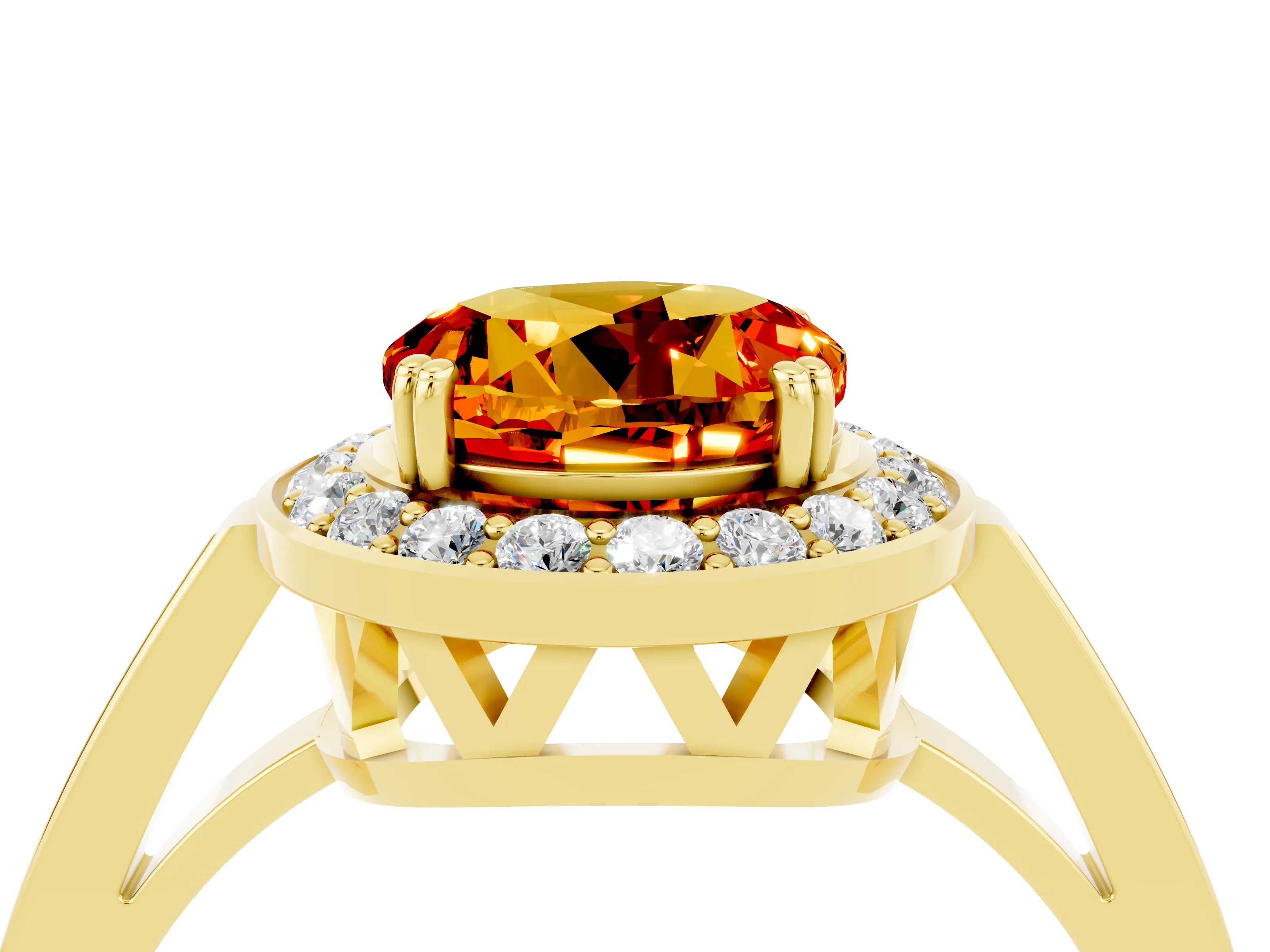 Yellow gold {shape_name} Citrine Halo Ring with Split Shank and Four-Prong Setting_4