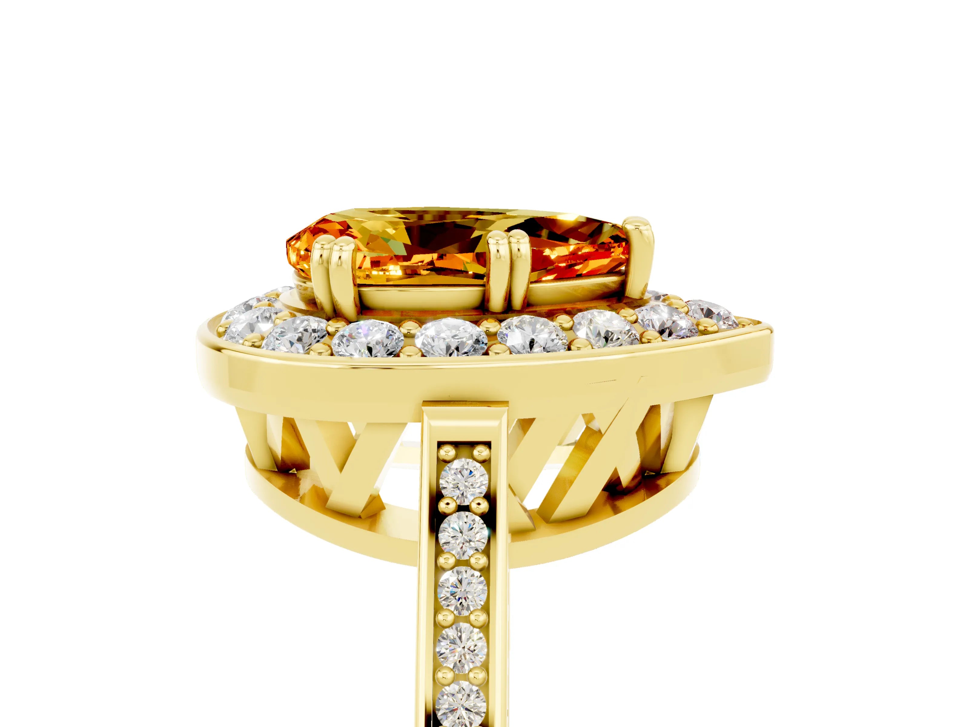 Yellow gold {shape_name} Citrine Halo Ring with Split Shank and Four-Prong Setting_5