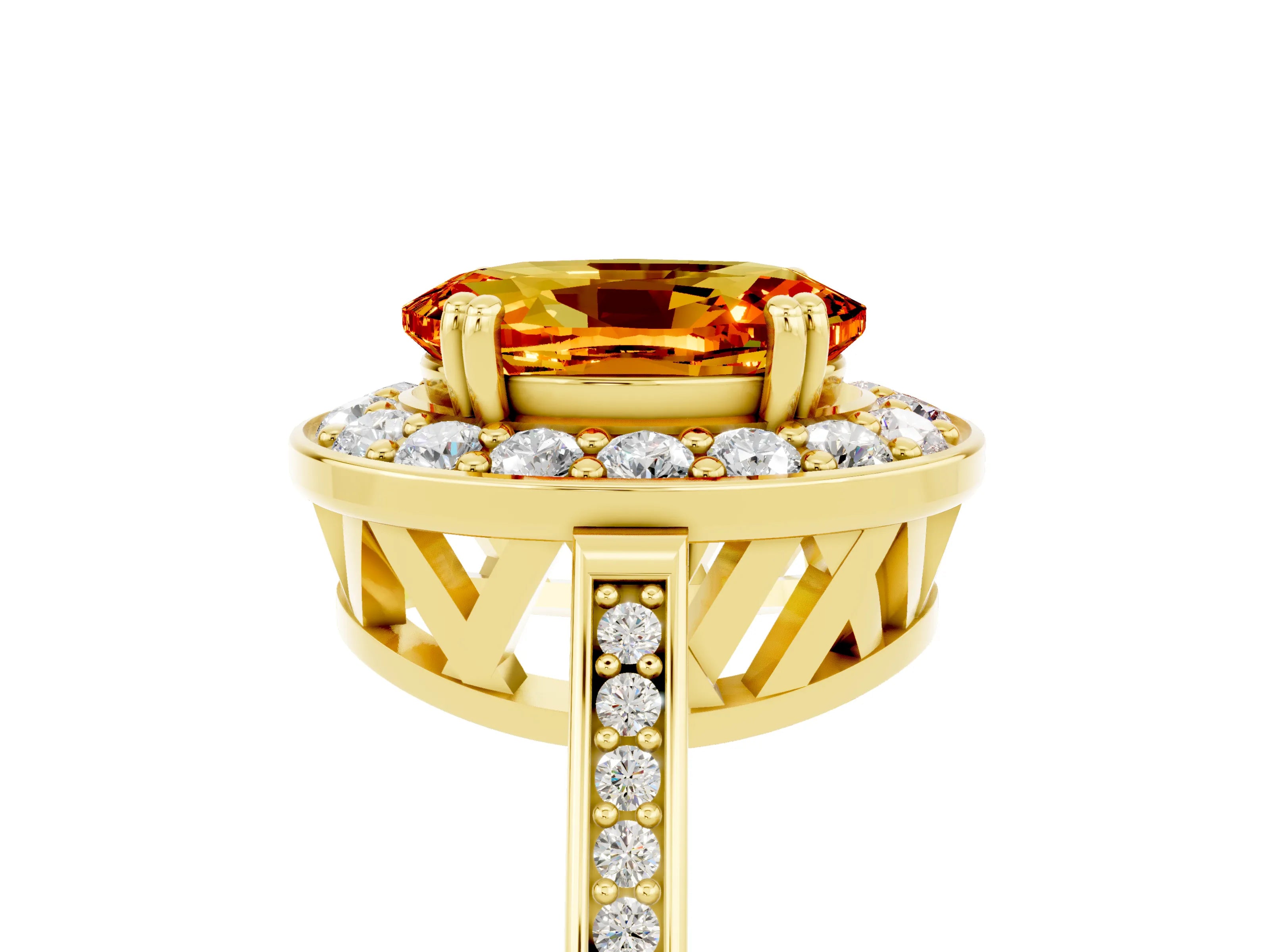 Yellow gold {shape_name} Citrine Halo Ring with Split Shank and Four-Prong Setting_5