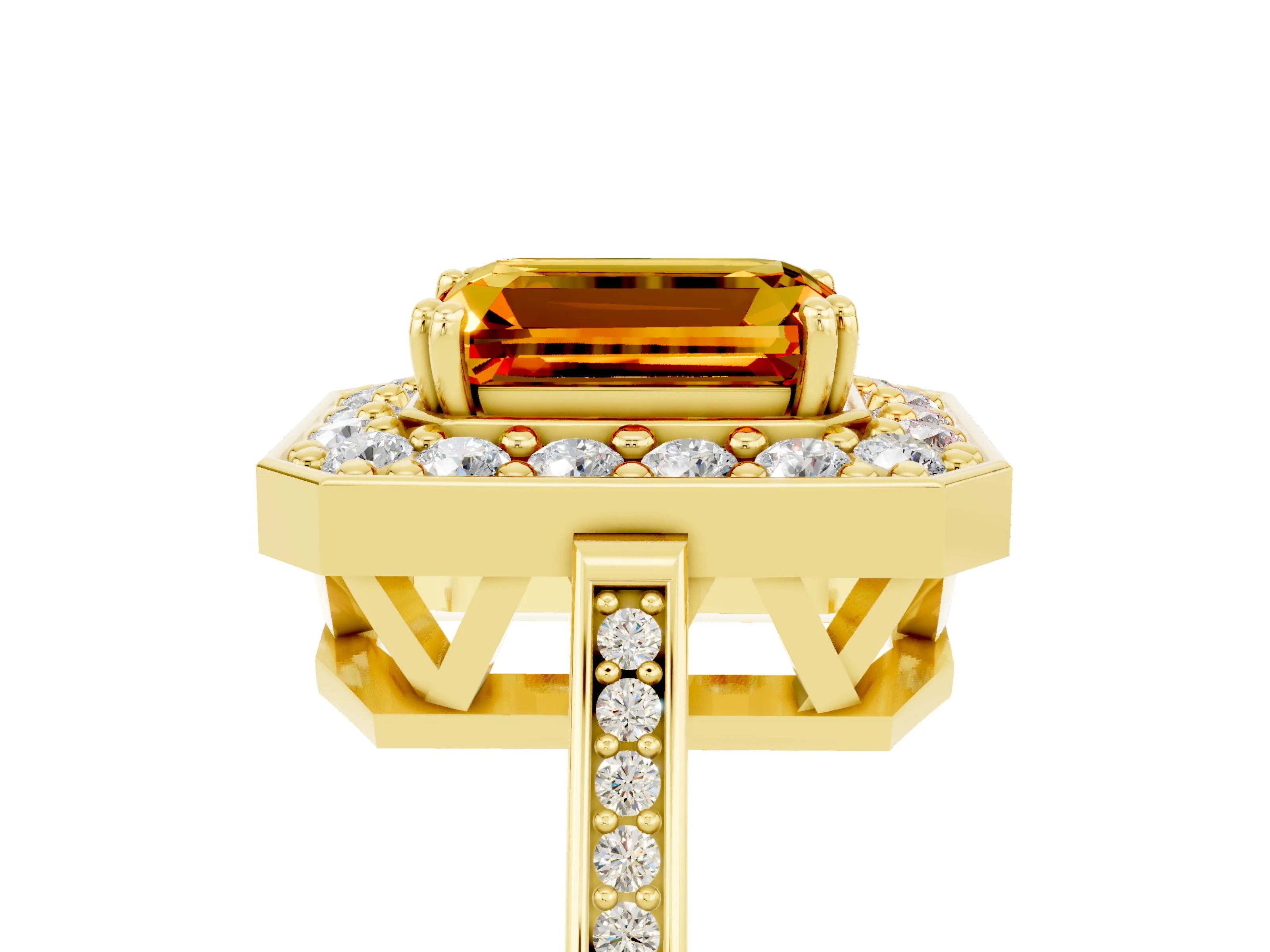 Yellow gold {shape_name} Citrine Halo Ring with Split Shank and Four-Prong Setting_5