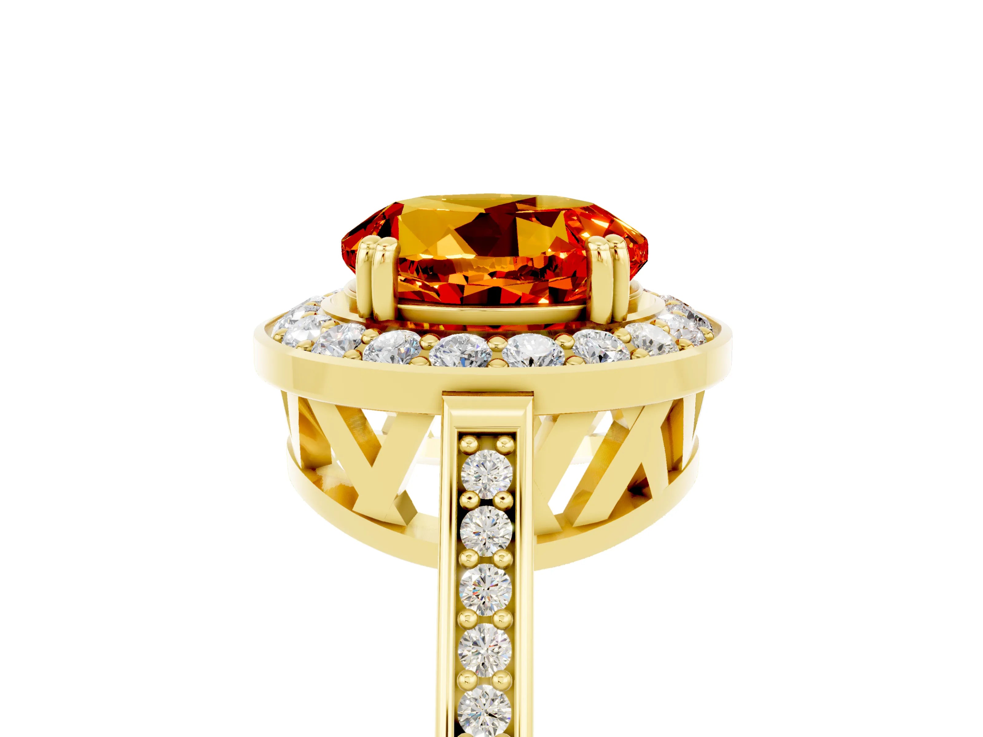 Yellow gold {shape_name} Citrine Halo Ring with Split Shank and Four-Prong Setting_5