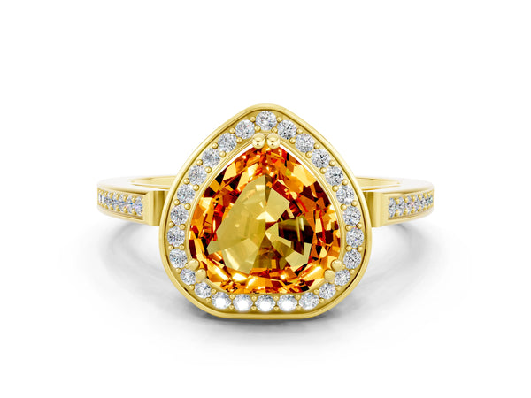 Yellow gold Heart Cut Citrine Halo Ring with Split Shank and Four-Prong Setting