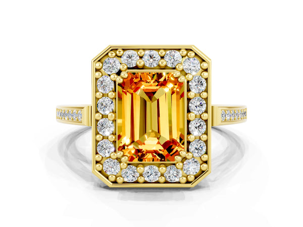 Yellow gold Emerald Cut Citrine Halo Ring with Split Shank and Four-Prong Setting