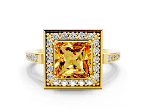 Yellow gold {shape_name} Citrine Halo Ring with Split Shank and Four-Prong Setting