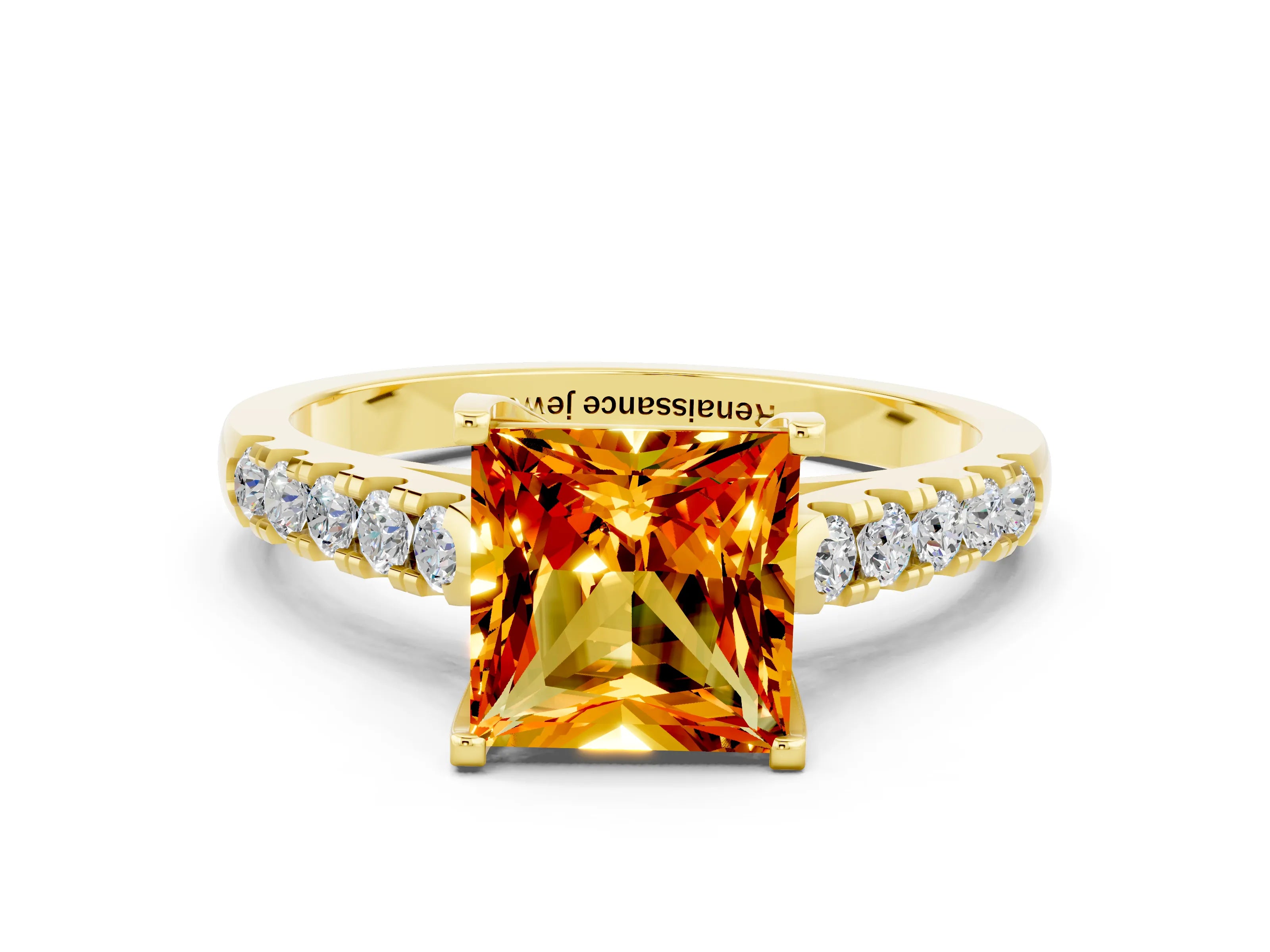 Yellow gold {shape_name} Citrine Solitaire Ring with Pavé Band and Four-Prong Setting