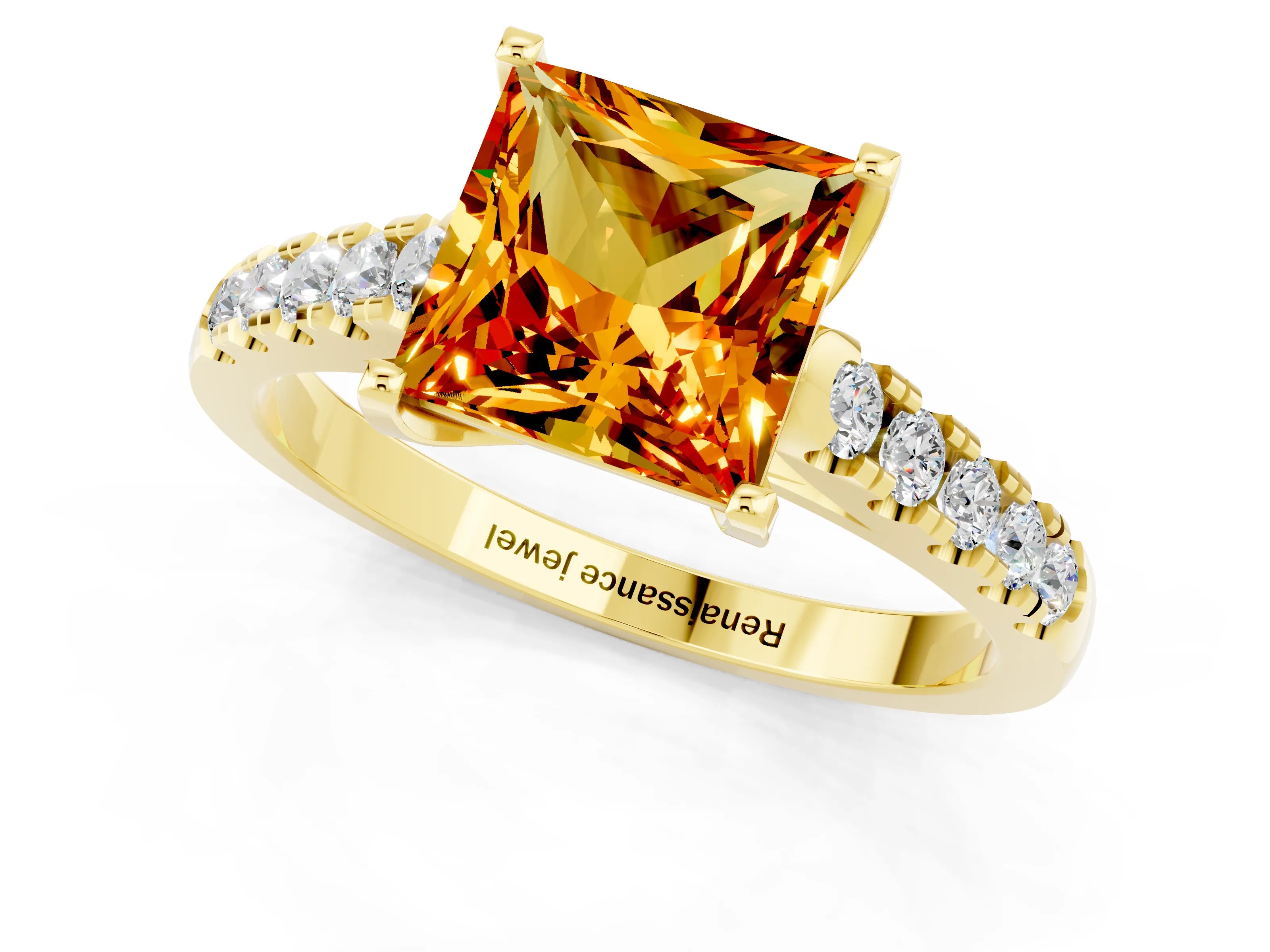 Yellow gold {shape_name} Citrine Solitaire Ring with Pavé Band and Four-Prong Setting_1