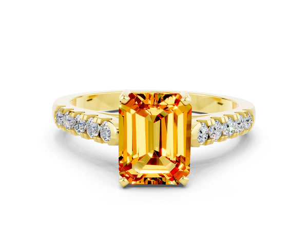 Yellow gold Emerald Cut Citrine Pavé Band Solitaire Ring with Prong Setting