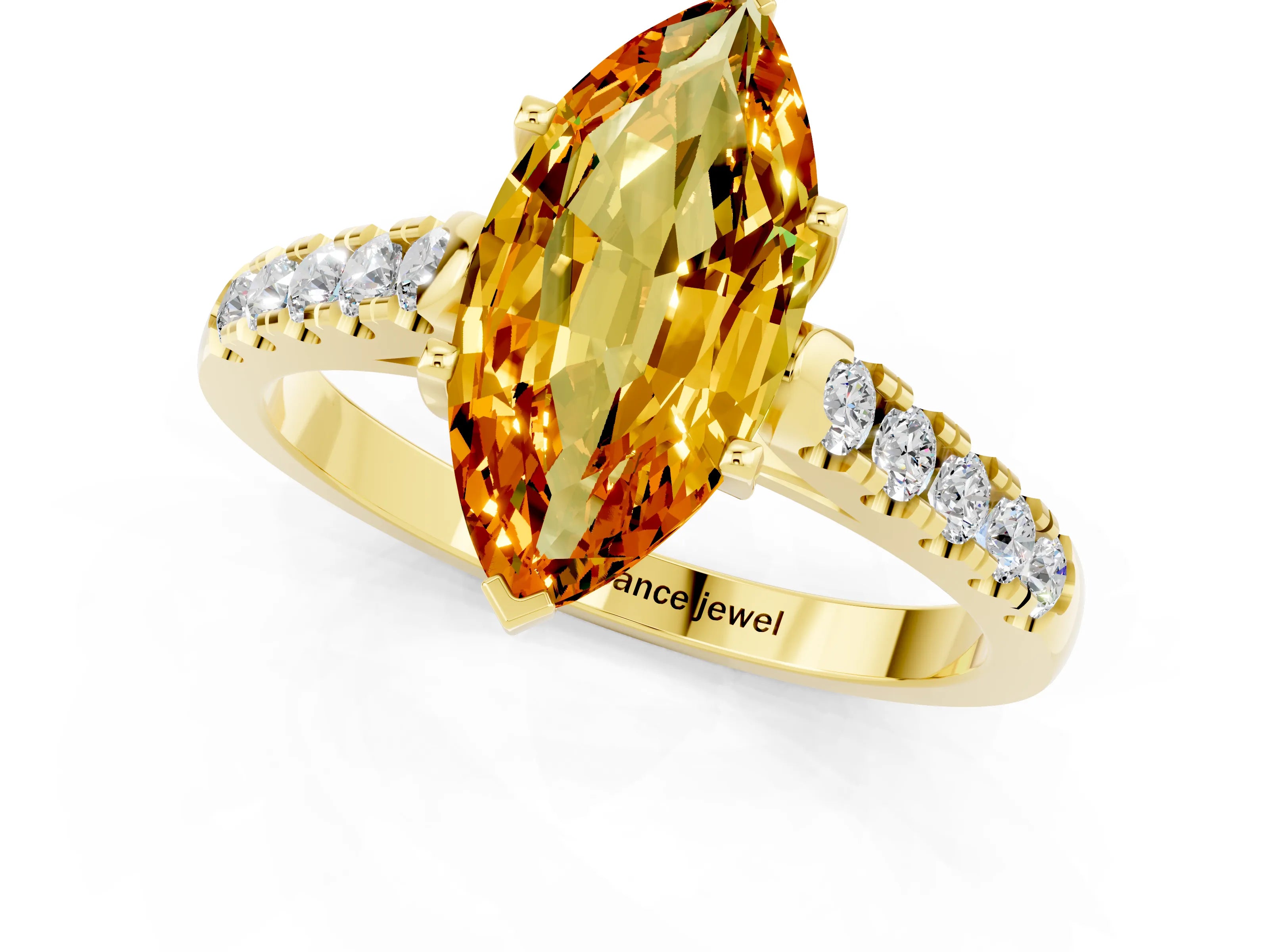 Yellow gold {shape_name} Citrine Solitaire Ring with Pavé Band and Four-Prong Setting_1