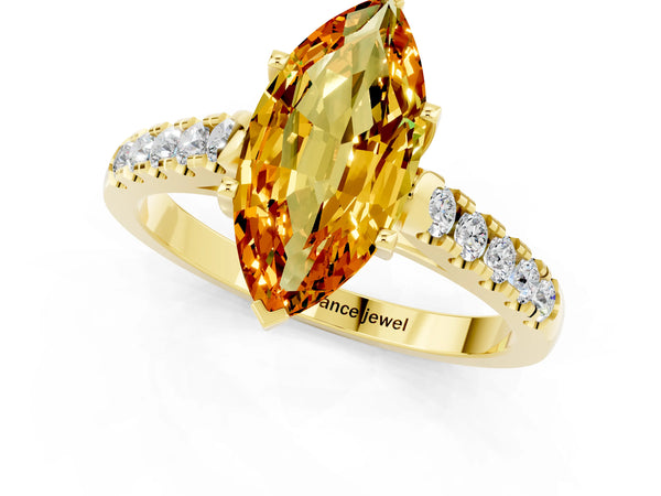Yellow gold Marquise Cut Citrine Pavé Band Solitaire Ring with Prong Setting