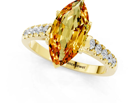 Yellow gold {shape_name} Citrine Solitaire Ring with Pavé Band and Four-Prong Setting_1