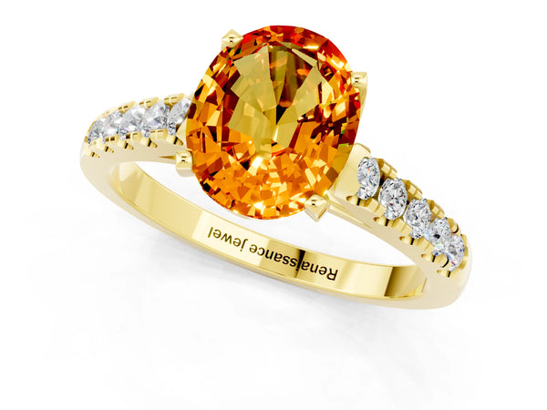 Yellow gold Oval Cut Citrine Pavé Band Solitaire Ring with Prong Setting