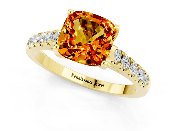 Yellow gold Cushion Cut Citrine Pavé Band Solitaire Ring with Prong Setting