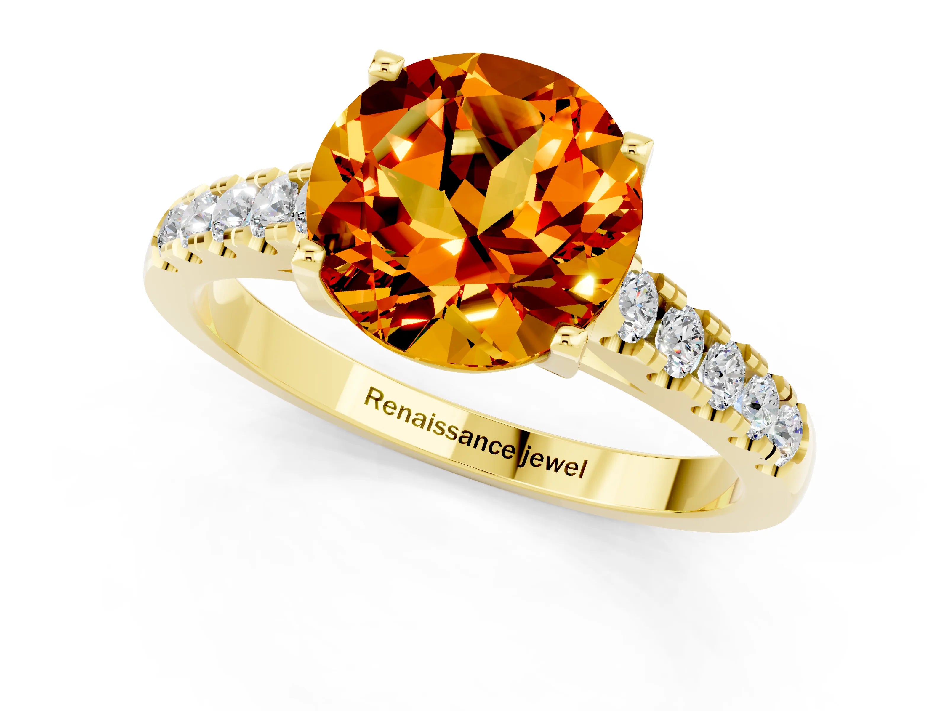 Yellow gold {shape_name} Citrine Solitaire Ring with Pavé Band and Four-Prong Setting_1