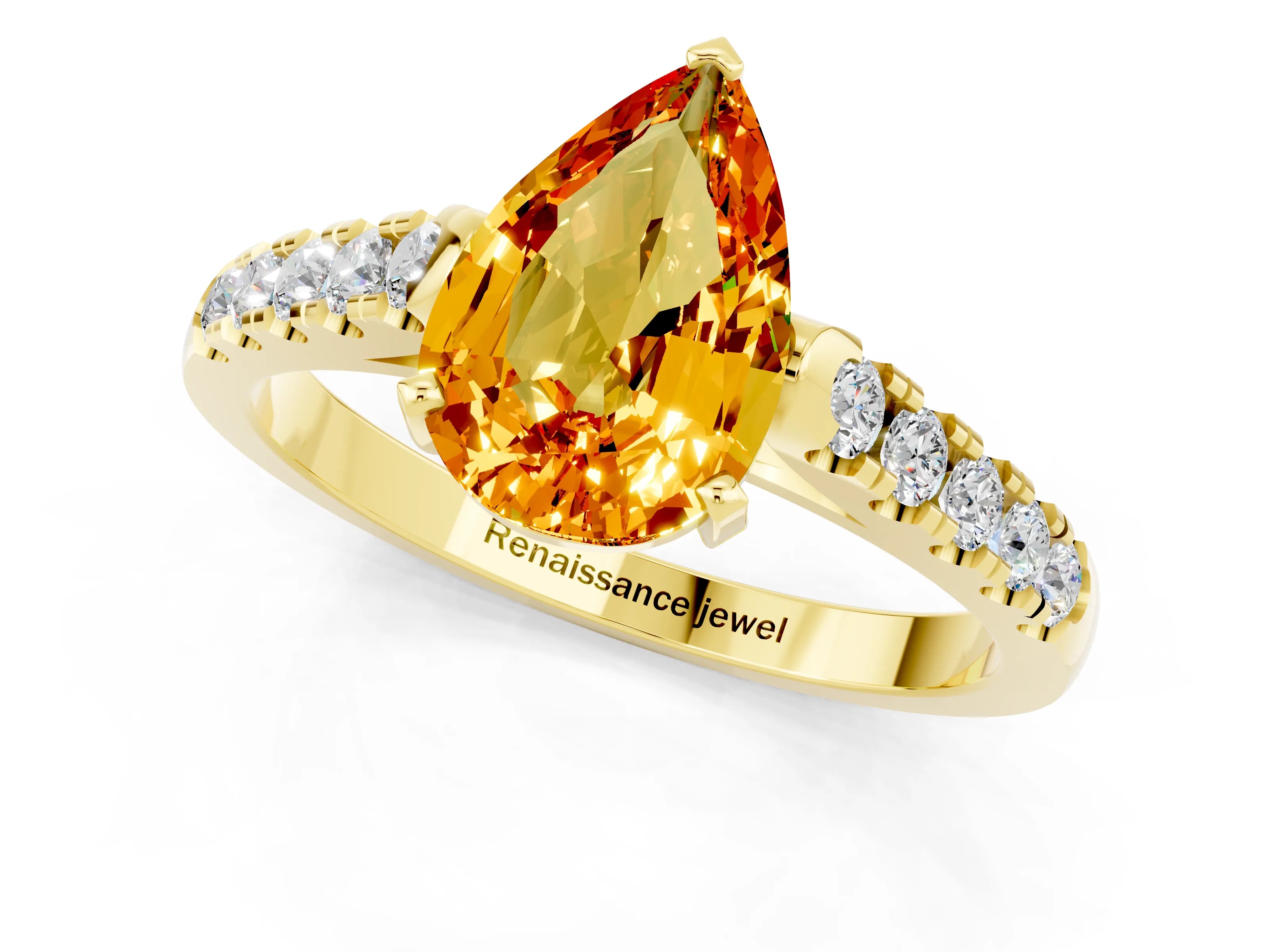 Yellow gold {shape_name} Citrine Solitaire Ring with Pavé Band and Four-Prong Setting_1