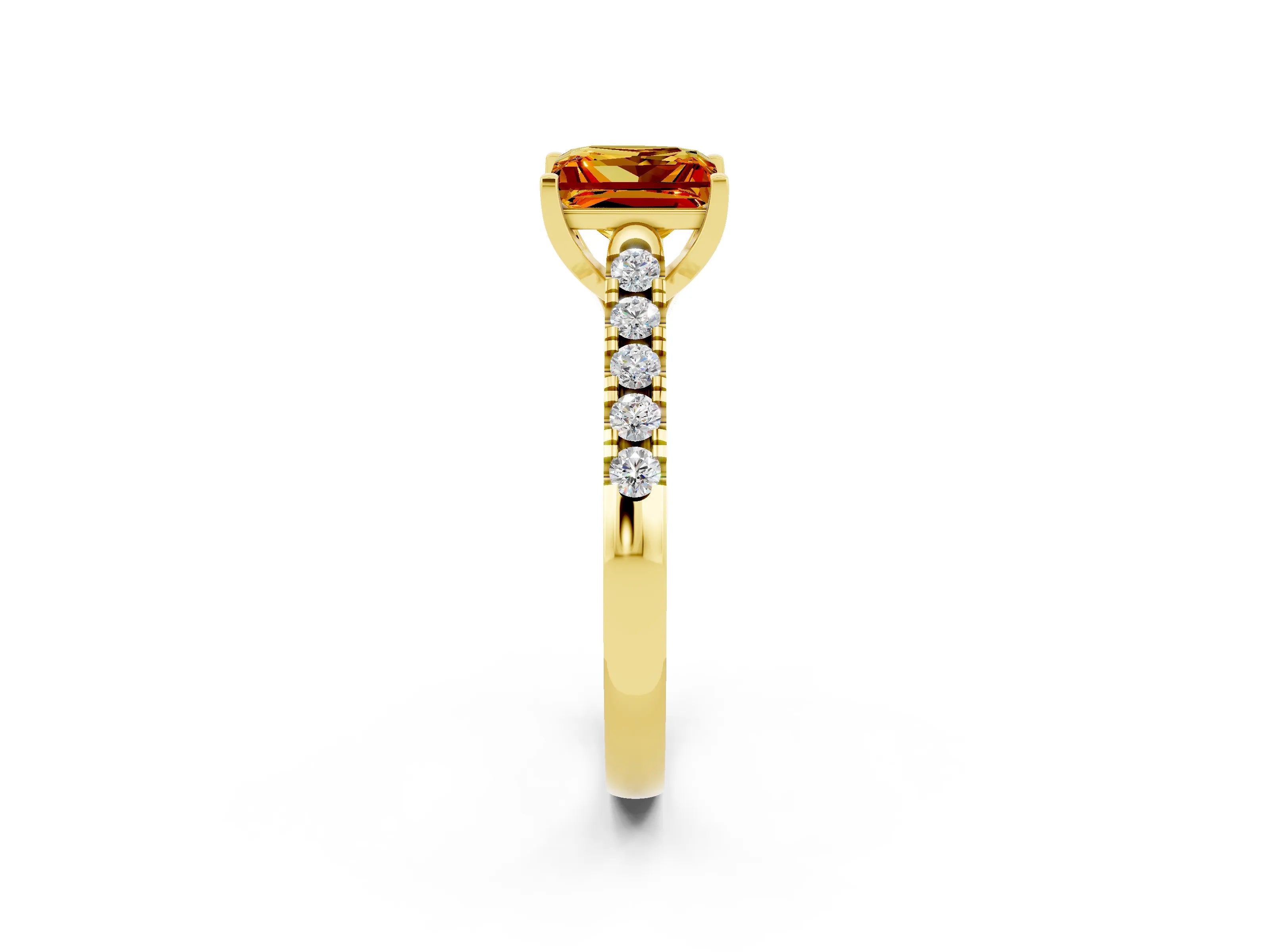 Yellow gold {shape_name} Citrine Solitaire Ring with Pavé Band and Four-Prong Setting_2