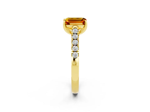 Yellow gold {shape_name} Citrine Solitaire Ring with Pavé Band and Four-Prong Setting_2