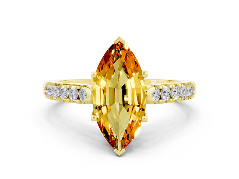 Yellow gold {shape_name} Citrine Solitaire Ring with Pavé Band and Four-Prong Setting