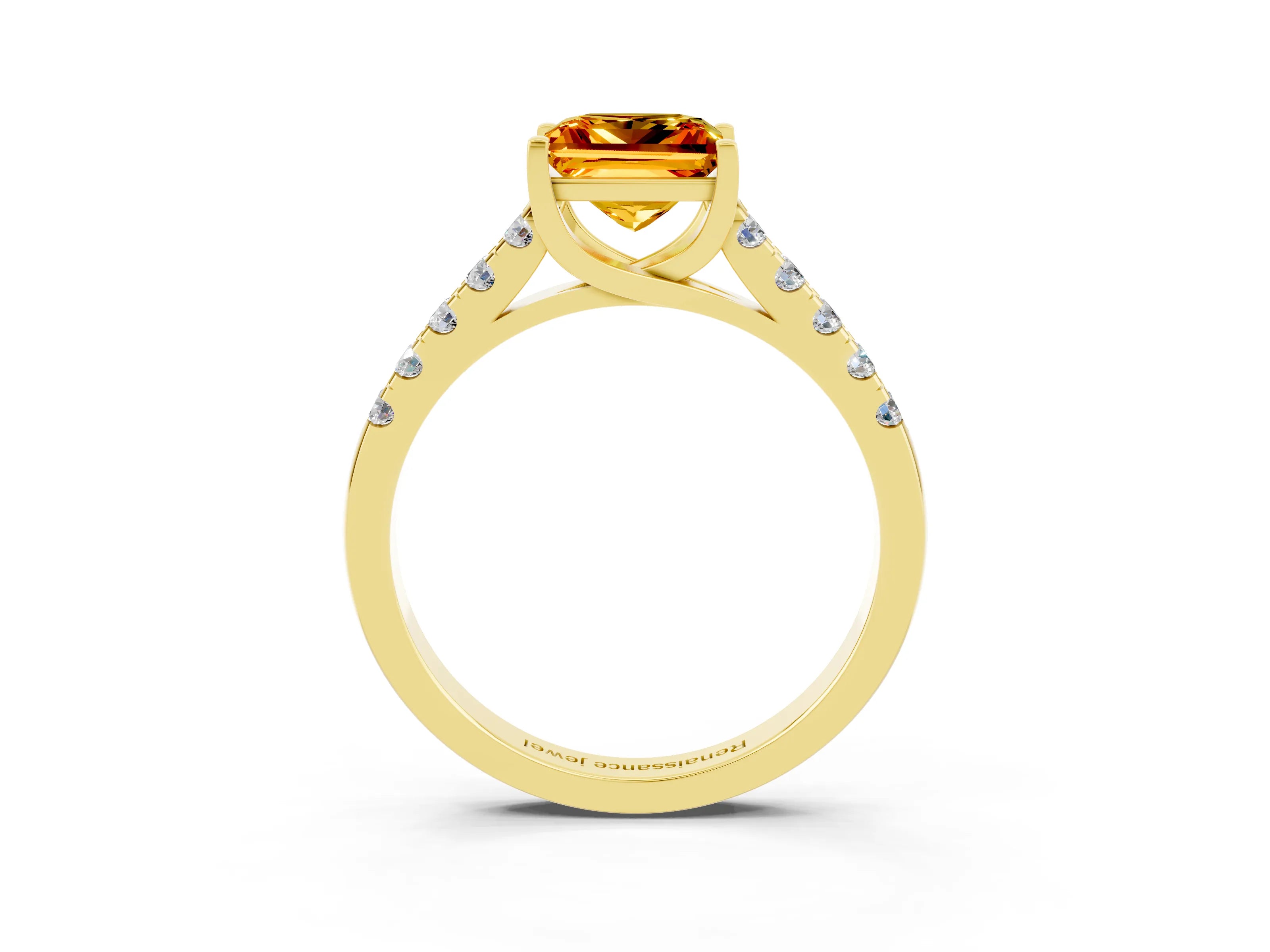 Yellow gold {shape_name} Citrine Solitaire Ring with Pavé Band and Four-Prong Setting_3