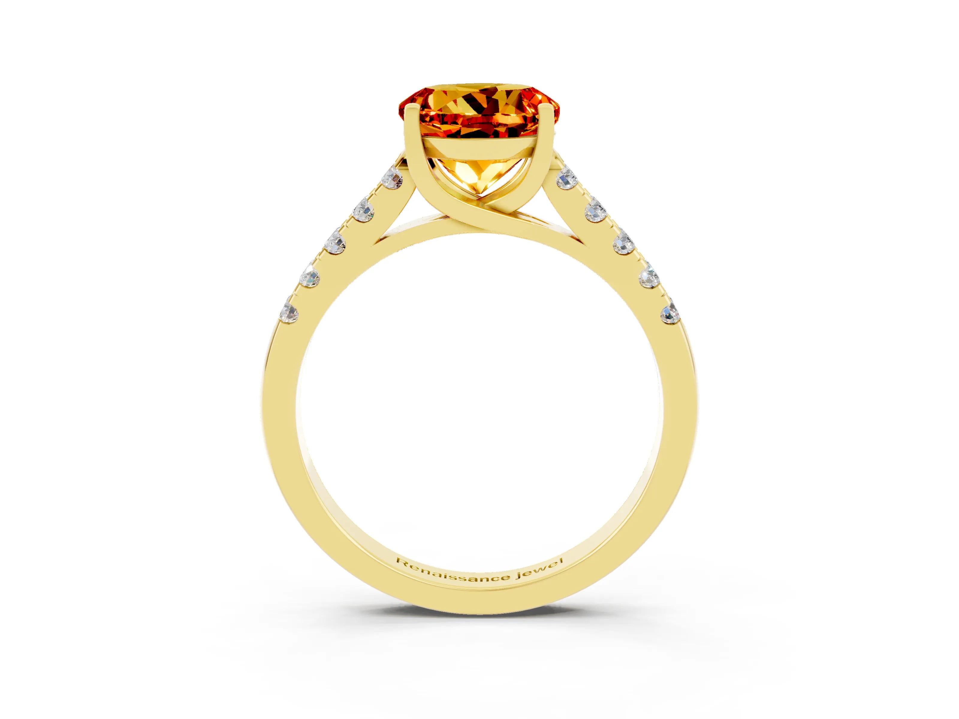 Yellow gold {shape_name} Citrine Solitaire Ring with Pavé Band and Four-Prong Setting_3