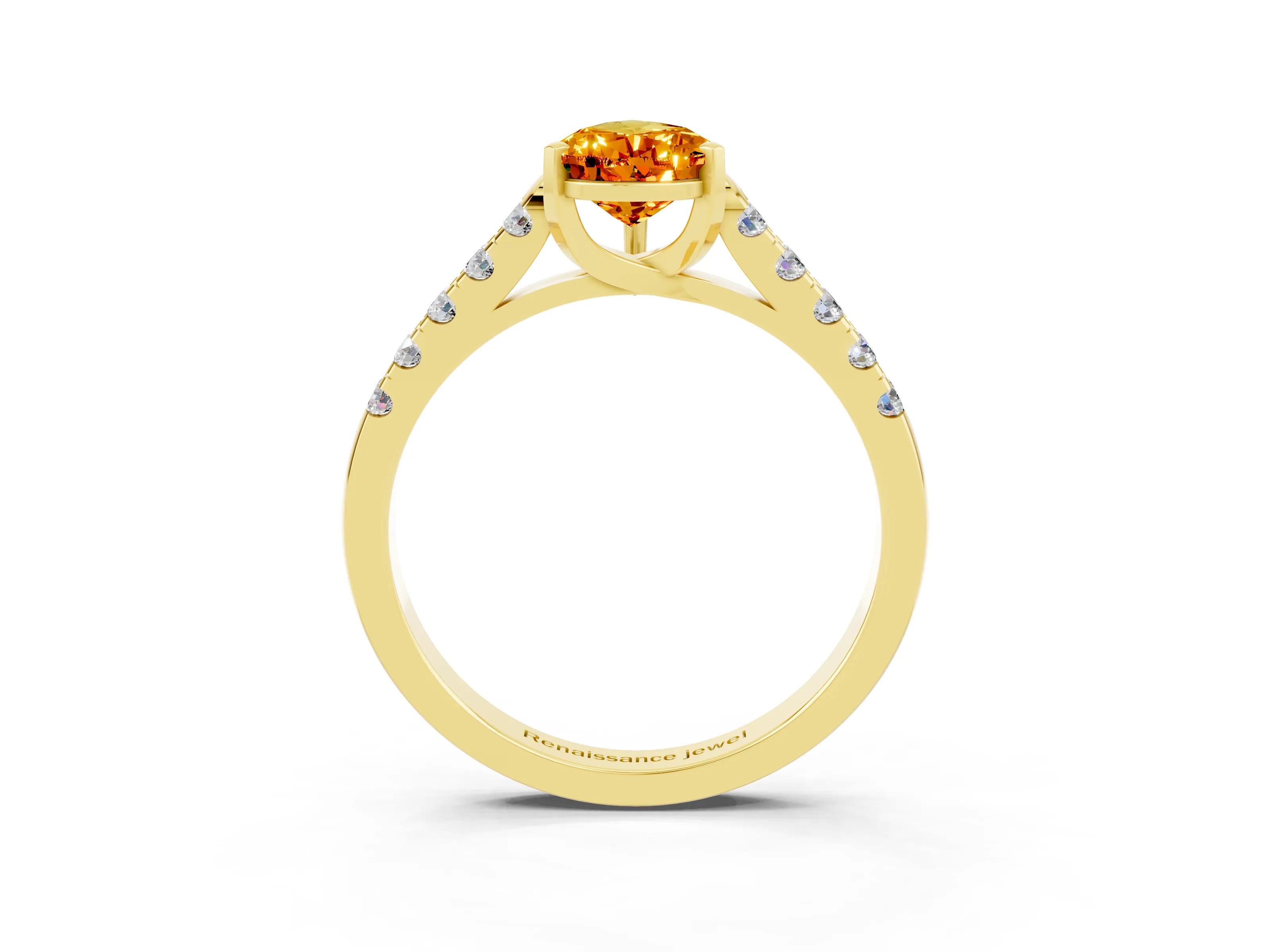 Yellow gold {shape_name} Citrine Solitaire Ring with Pavé Band and Four-Prong Setting_3